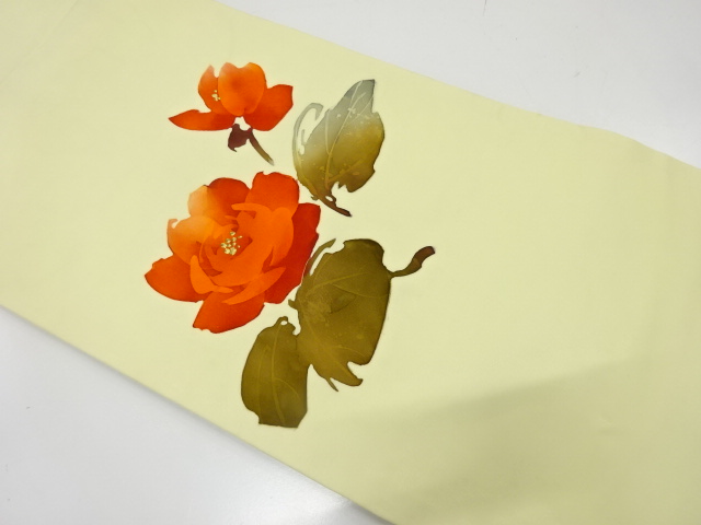  アンティーク　塩瀬　手描き　薔薇模様名古屋帯